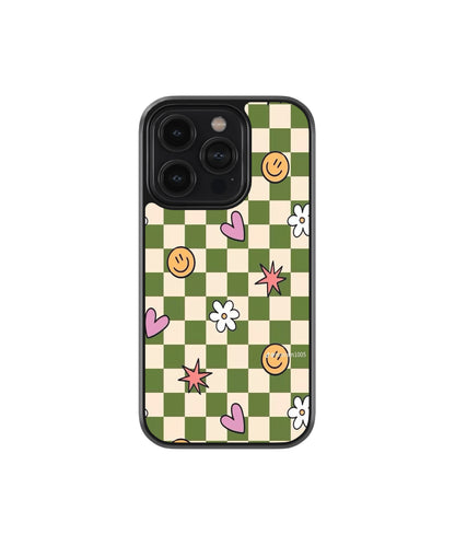 Green Retro Smile Checker Phone Case.